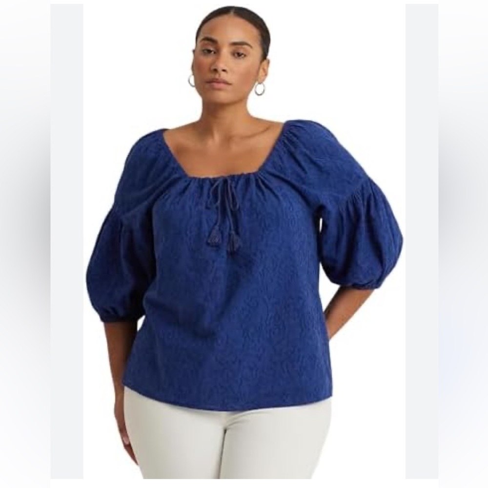 Lauren Ralph Lauren Blue 3/4 Sleeve Tie Front Blouse